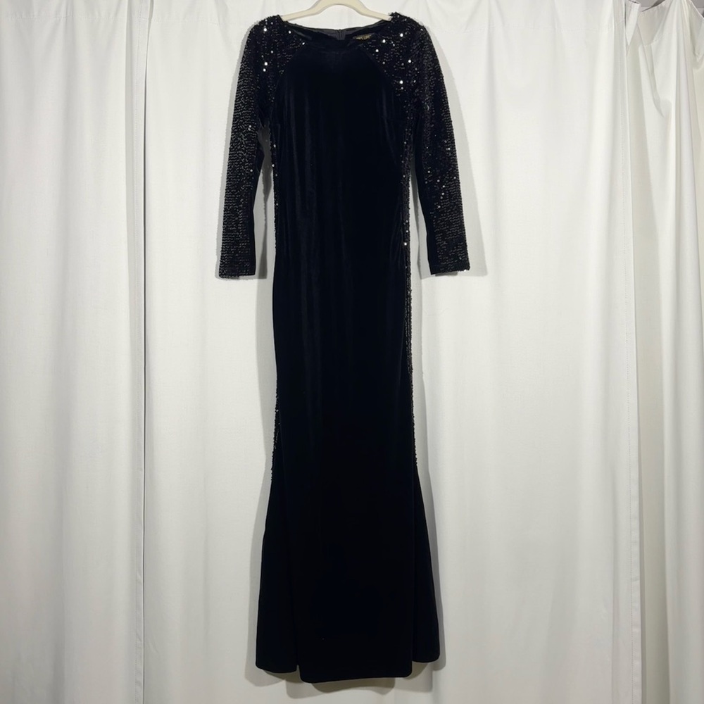 Vintage Black Velvet Sequin Panel Long Sleeve Dress